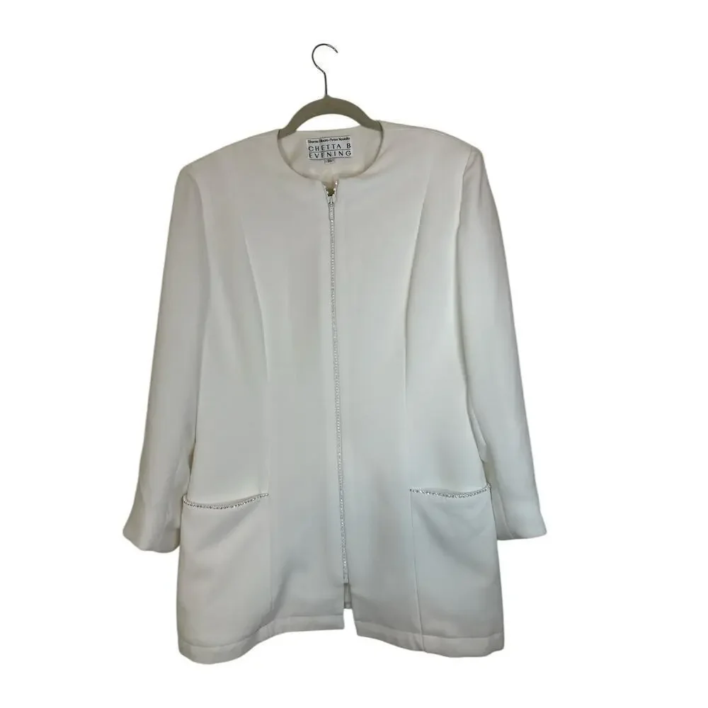 Chetta B Women's Full Zip Front Embellished Party Fancy Top Suit Size 14 Cream